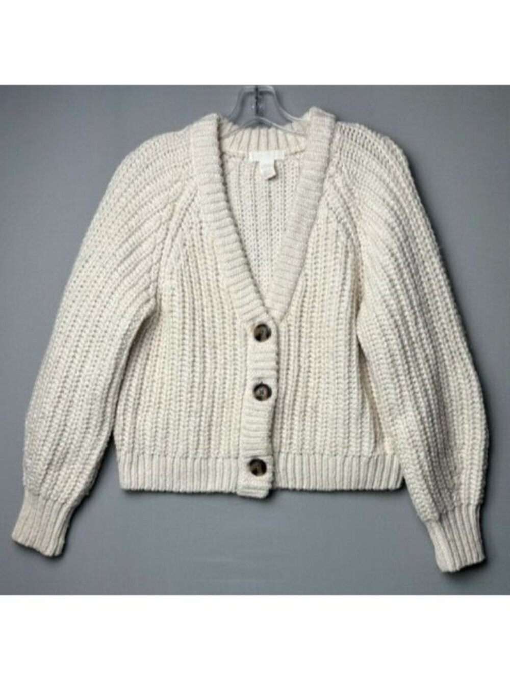 H&M Women's XS Chunky Knit Cardigan Cream Balloon Sleeve Cottagecore Coastal